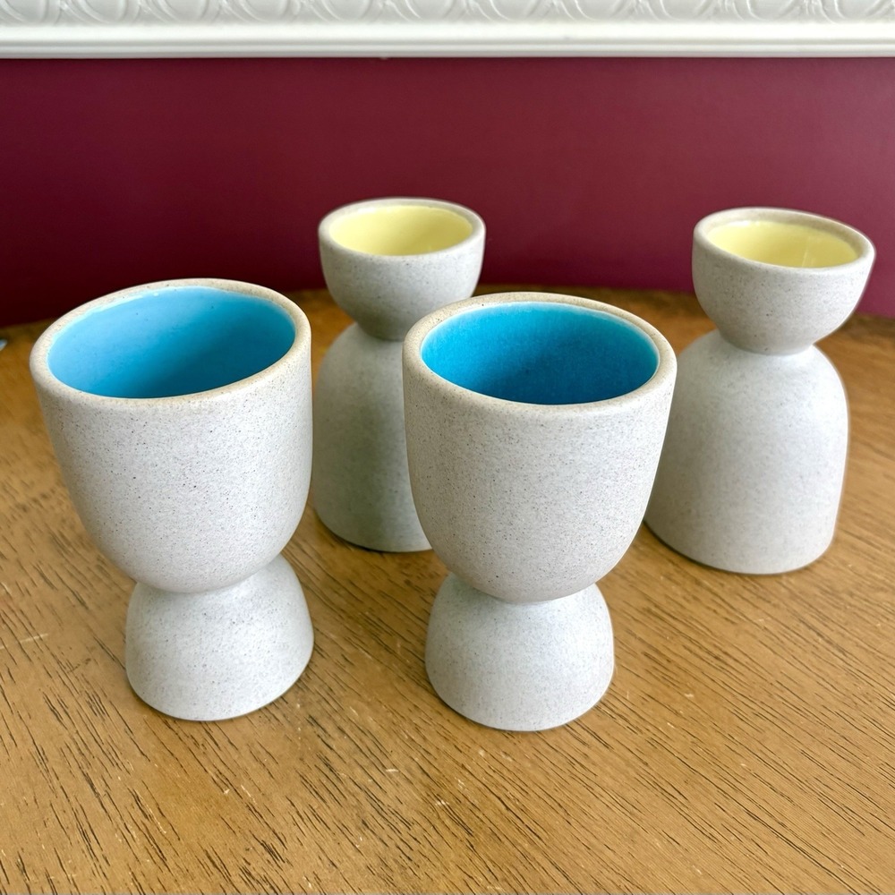 Stoneware Pottery Double Egg Cups Set (4) Yellow Blue Glaze
